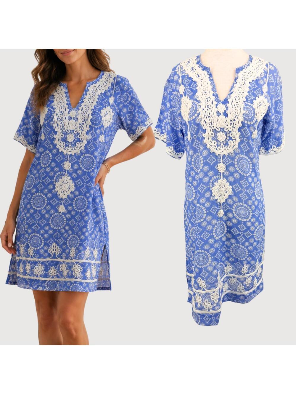 Liza Byrd Embroidered Tunic Dress Blue White L